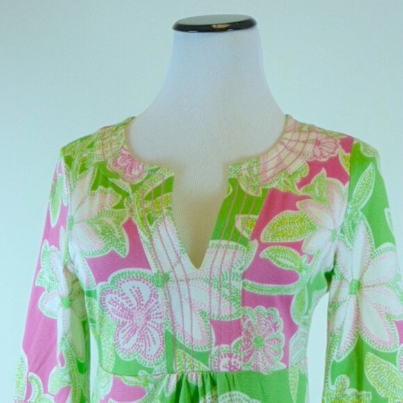 LILLY PULITZER PINK Green white silk knit FLORAL Caftan TUNIC DRESS S - Picture 2 of 7